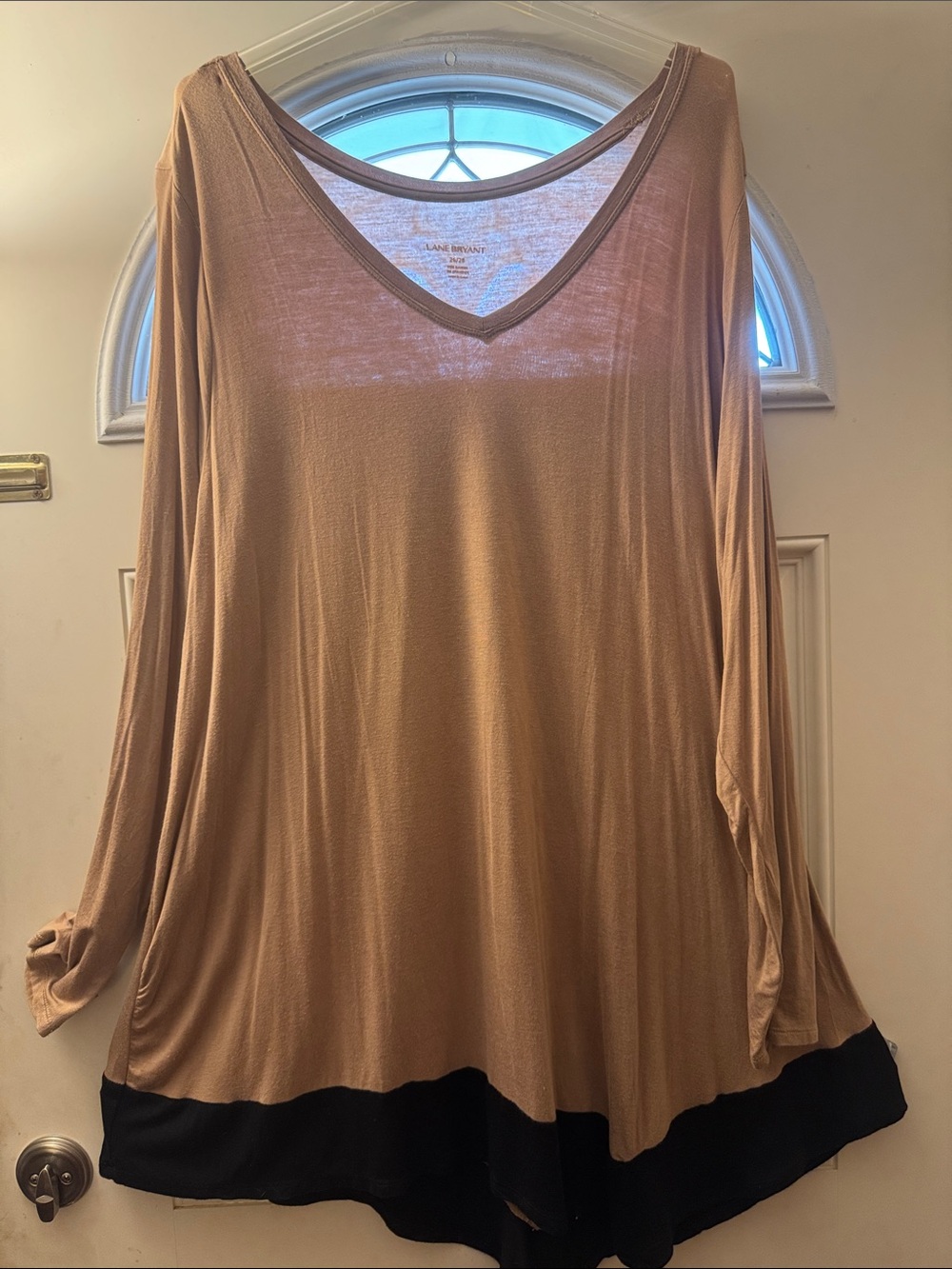 Lane Bryant Tan V-Neck Tunic with Black Hem Trim